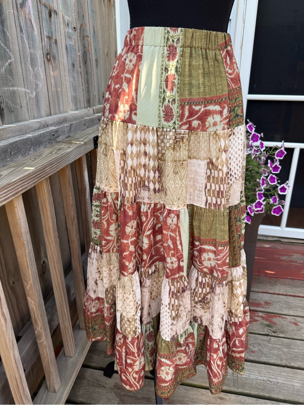 Cider Patchwork Tiered Maxi Skirt in Rust, Olive & Cream